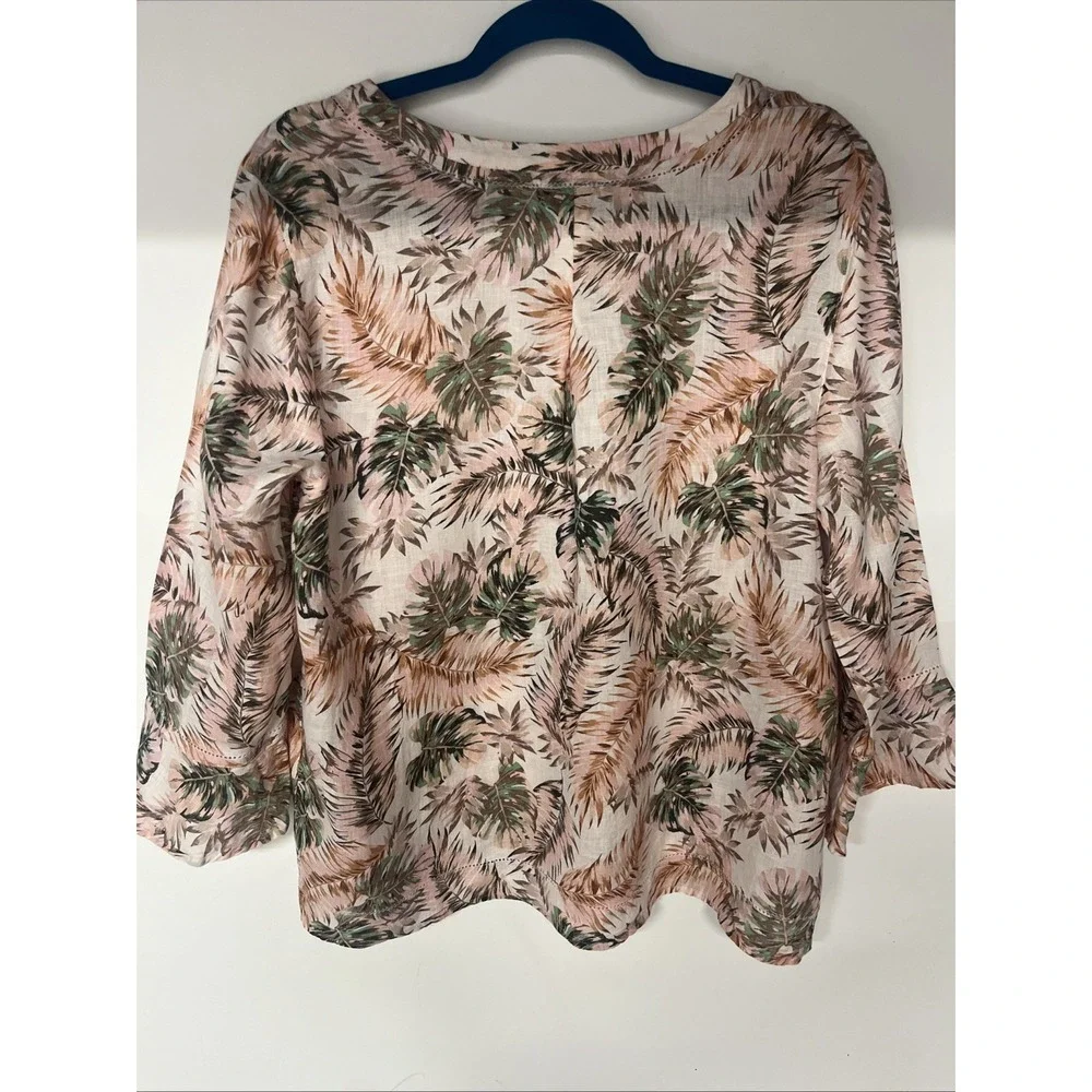 J Jill Love Linen Top Womens M Pink Tropical Palm Print V Neck 100% Linen - Picture 9 of 12